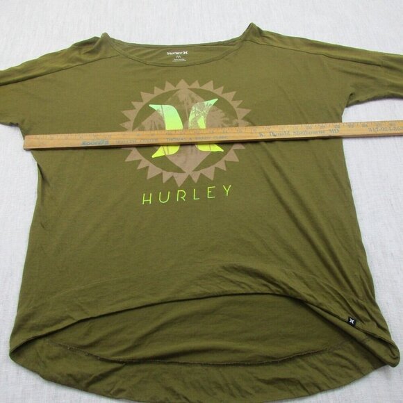 Hurley Tee Shirt Men Medium Green Short Sleeve Spell Out Logo Crew Neck High Low - Picture 6 of 9